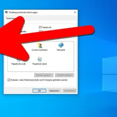 Roter Pfeil zeigt auf das Fenster "Desktopsymboleinstellungen" im Windows 11 Desktop anzeigen. Hier können Sie Symbole wie Papierkorb oder Netzwerk auswählen.