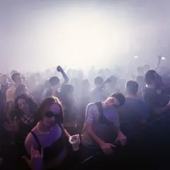 Folla in delirio a un festival di musica elettronica in Italia, immersa nel fumo e nella luce.