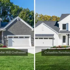 A dark gray craftsman house with stone accents stands next to a bright white modern farmhouse with a red door.