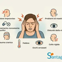 Illustrazione di sintomi come mal di testa, mal di denti, febbre, problemi di vista e rigidità del collo.
