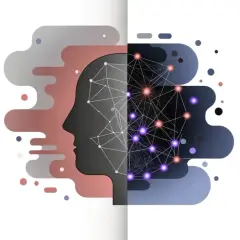 Profil eines Kopfes, geteilt in menschliche und digitale Gehirnhälften. Ein Konzept schreiben für KI.