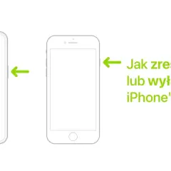 Ilustracja pokazuje dwa telefony iPhone i strzałki wskazujące przyciski boczne. Tekst obok pyta: "Jak zrestartować lub wyłączyć iPhone'a?".