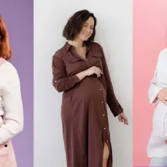 Tres mujeres embarazadas muestran estilos de moda: overol rosa, vestido marrón y camisa blanca. Ideas para como vestir embarazada.