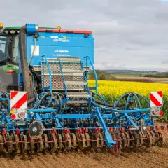 Un tracteur vert et une semoir Lemken Solitair 9 préparent le terrain pour le semis d'avoine de printemps, avec un champ de colza en fleurs en arrière-plan.