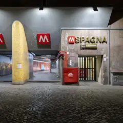 Ingresso della stazione metro Spagna a Roma, con insegna luminosa e pavimentazione in sampietrini.
