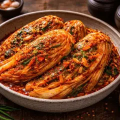 Hela kålhuvuden täckta med en kryddig röd pasta, redo för fermentering. Ett perfekt kimchi recept att prova!