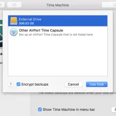 Ventana de Time Machine para configurar el backup mac. Selecciona un disco externo o AirPort Time Capsule.