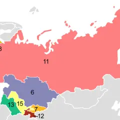 Karte zeigt die UdSSR und ihre Satellitenstaaten. Die Nummer 11 repräsentiert Russland, während andere Nummern die ehemaligen Sowjetrepubliken und osteuropäischen Satellitenstaaten kennzeichnen.