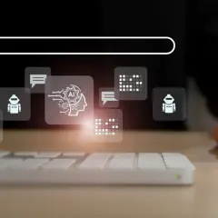 Szukaj informacji o marketingu AI na blogu. Ikony symbolizują sztuczną inteligencję, roboty i komunikację.