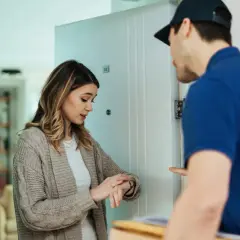 Eine Frau prüft ihre Uhr, während ein Lieferbote mit einem Paket vor der Tür steht. Die Zahlung avisiert, die Lieferung ist bald da.