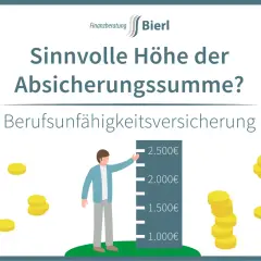 Mann fragt sich: bu rente wie hoch? Berufsunfähigkeitsversicherung mit Skala von 1.000€ bis 2.500€ und Münzen.