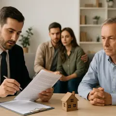 Abogado revisa contrato de compraventa con pareja y hombre mayor, discutiendo el derecho de tanteo y retracto.