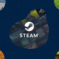 Logo Steam na tle kolaży z gier i zdjęć przyrody.