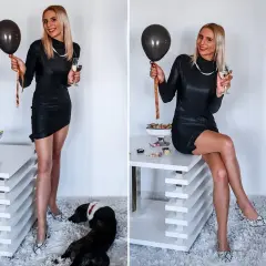 Elegancka czarna sukienka, wążowe szpilki i balon – idealny zestaw, jak się ubrać na osiemnastkę.