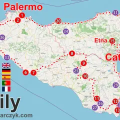 Mapa Sycylii z zaznaczonymi atrakcjami: Palermo, Etna, Katania. Zobacz, co warto zobaczyć na Sycylii!