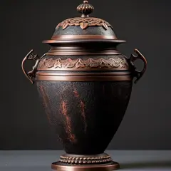 Elegancka urna, w której spoczywają prochy po kremacji, ozdobiona miedzianymi detalami i ornamentami.