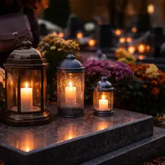 Na cmentarzu płoną znicze, a obok kwiatów stoi czarna świeca na co.