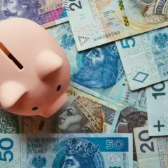 Różowa świnka-skarbonka na stosie polskich banknotów. To symbol oszczędzania na przyszłość, może nawet na inwestycje w bossa lista etf.