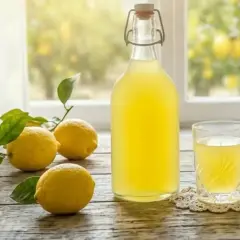 Limoncello fatto in casa: limoni freschi, una bottiglia e un bicchiere di liquore giallo brillante. Ricetta limoncello 1 litro alcool.