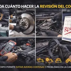 Mecánico realiza mantenimiento de motores, revisando frenos, fluidos y correa. Calendario marca "Revisión".