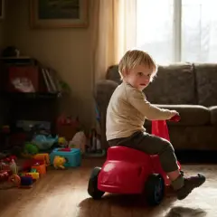 Mały chłopiec na czerwonym jeździku grawitacyjnym. Od jakiego wieku można zacząć zabawę? W tle salon z zabawkami.