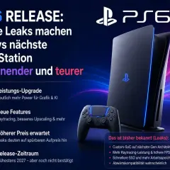 Die PlayStation 6, mit Controller und Konsole, verspricht mehr Leistung und Features. Leaks deuten auf einen höheren Preis und Release 2027 hin.