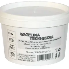 Białe wiaderko z etykietą: WAZELINA TECHNICZNA. Uniwersalna, chroni przed przymarzaniem i korozją. Idealna do konserwacji.