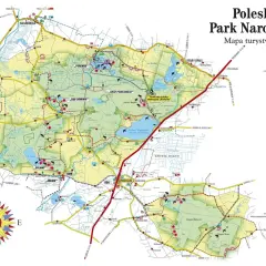 Mapa turystyczna Poleskiego Parku Narodowego z zaznaczonymi szlakami, jeziorami i miejscowościami. Idealna do planowania wycieczki z psem po Polesiu.