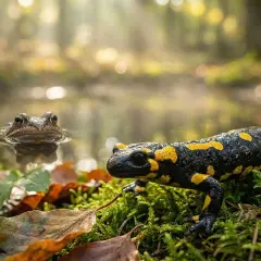Żywy salamander plamisty i żaba w wodzie, typowe płazy w Polsce, w jesiennym lesie.