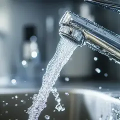 Strumień czystej wody wylewa się z chromowanego kranu, tworząc kaskadę kropel.