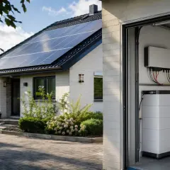 Nowoczesny dom z panelami słonecznymi na dachu i systemem magazynowania energii. W garażu widoczny biały bank energii.