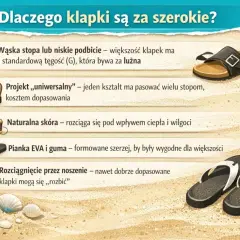 Klapki bywają za szerokie przez uniwersalny projekt, naturalną skórę i piankę EVA. Wąskie stopy mogą czuć się w nich luźno.