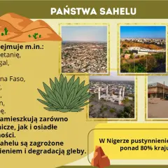 Państwa Sahelu: Mauretania, Senegal, Mali, Burkina Faso, Niger, Czad, Sudan, Erytrea. Region zagrożony pustynnieniem.