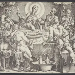 Das letzte Abendmahl: Jesus mit Jüngern am Tisch. Judas, erkennbar an der Geldtasche, ist im Schatten.