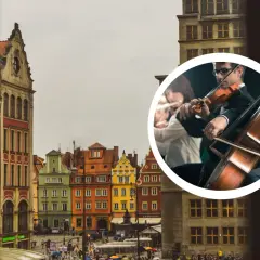 Koncert kameralny na tle kolorowych kamienic we Wrocławiu.
