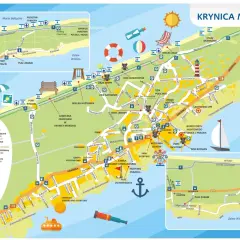 Mapa Krynicy Morskiej pokazuje, gdzie jest Krynica Morska, z zaznaczonymi plażami, portami, atrakcjami i drogami.