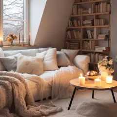 Un salon douillet, avec un canapé blanc moelleux, une couverture épaisse, des bougies allumées et un feu de cheminée. Ambiance style cocooning parfaite pour l'hiver.