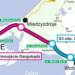 Mapa pokazuje przebieg trasy S3 od Świnoujścia przez Międzyzdroje do Dargobądza i dalej do Troszyna.