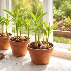 Junge Ingwerpflanzen in Terrakotta-Töpfen auf einer Fensterbank. Im Hintergrund ein Gartenbeet.
