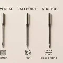 Four sewing machine needles: Universal, Ballpoint, Stretch, and Denim. Each is shown with an icon representing the fabric it's best for.