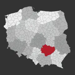 Mapa Polski z zaznaczonym na czerwono obszarem. Tu właśnie leżą Góry Świętokrzyskie, serce Polski.