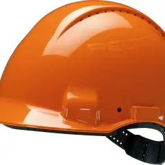 Pomarańczowy kask 3M, gotowy do pracy na budowie. Chroni głowę przed uderzeniami.