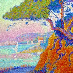 A vibrant pointillism painting depicts a coastal scene with sailboats. The style of pointillism artists is evident in the colorful dots creating the landscape.