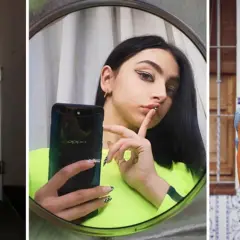 Choni con estilo: look atrevido con top verde y pantalones rosas de cordones, selfie en espejo y chaqueta con estampado artístico.