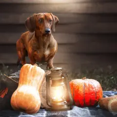 Un perro salchicha posa junto a calabazas y una linterna. ¡Los perros pueden comer calabaza!
