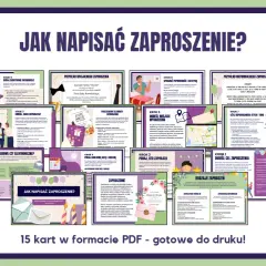 Grafika przedstawia 15 kart z poradnikiem "Jak napisać zaproszenie?", z przykładami i wskazówkami.