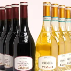 Bottiglie di vino rosso e bianco Cà Maiol Sirmione, con etichette che riportano "Negresco" e "Prestige".