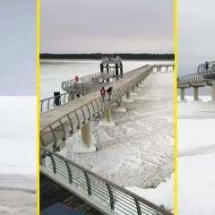 Spacerem po zamarzniętym Bałtyku, kiedy był skuty lodem. Widok na molo i plażę w zimowej scenerii.