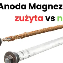 Zużyta, skorodowana anoda magnezowa obok nowej, lśniącej. Widać różnicę w stanie technicznym.