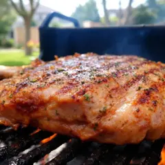 Un morceau d'agneau savoureux, grillé au barbecue, avec une belle marinade. Les herbes vertes parsèment la viande dorée.